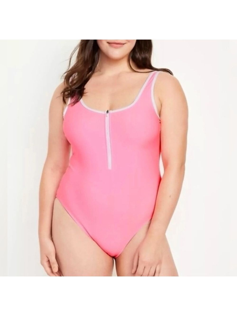 🆕 XL • Old Navy • Vibrant Pink One-Piece Swimsuit with White Half Zipper